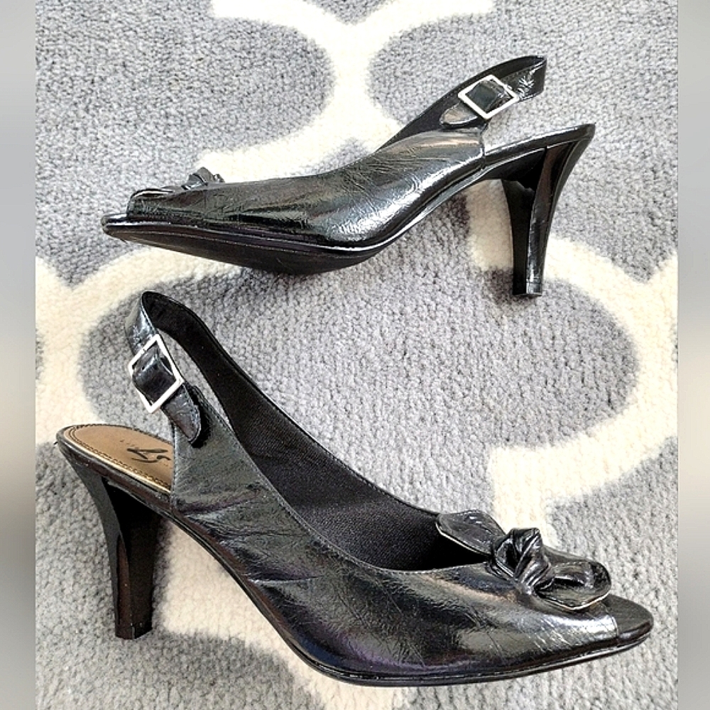 Black Bowed "Taffy" Peep toe Slingback Heels by Life Stride